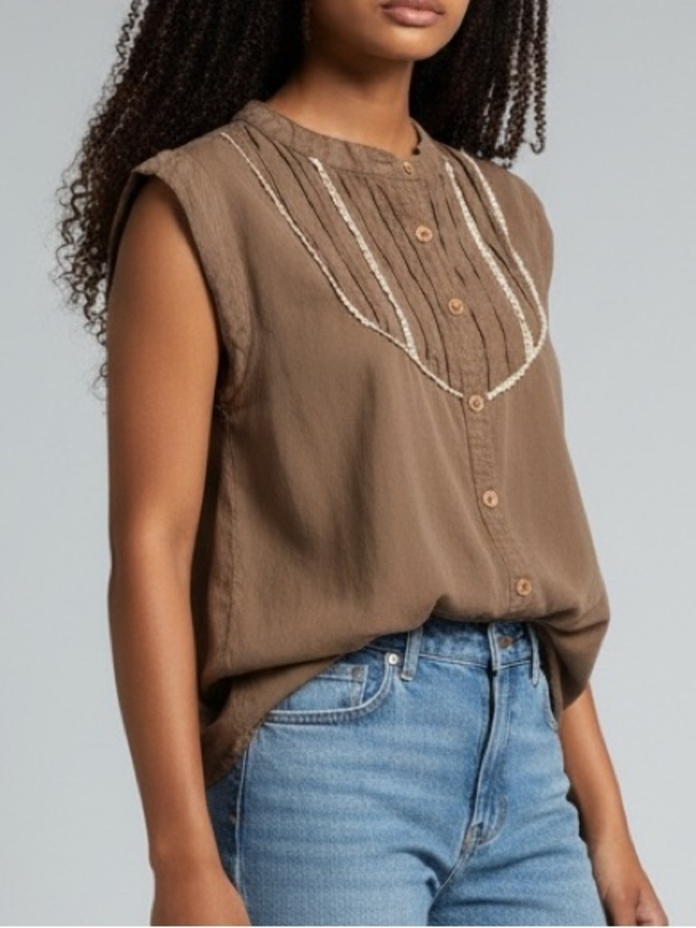 Taupe Boho Cottagecore Peasant Blouse Button Front Top Medium-Behind